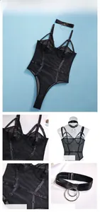 Detail view of black fishnet bodysuit featuring underwire cups and satin ribbon trim