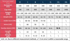 Detailed size chart guide for lace bodysuit lingerie featuring international measurements