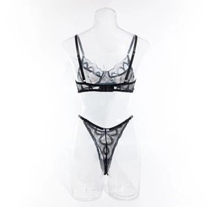 Front view of black sheer lace lingerie set with underwired bra and matching thong