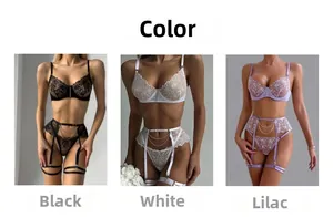 Three-color comparison of embroidered lace lingerie set with metal chain details
