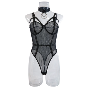 Detail of black mesh harness bodysuit with strappy design and metal ring choker