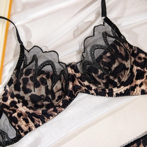 Close-up of leopard print bra featuring lace trim, underwire support and satin texture