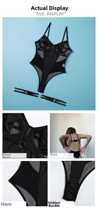 Dettagli del body sexy in mesh con coppe con ferretto e chiusura con bottoni a pressione
