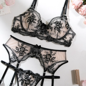Flat lay of black floral lace lingerie set with embroidery bra and garter belt details
