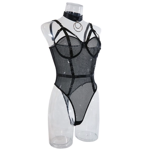 Detail of black fishnet bodysuit with underwire support and choker with metal ring