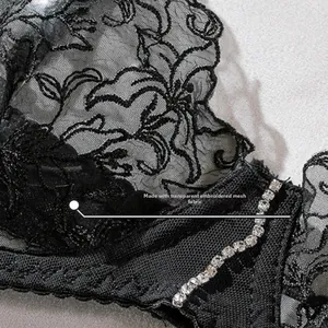 Detailed macro view of black transparent mesh fabric with floral embroidery and rhinestones
