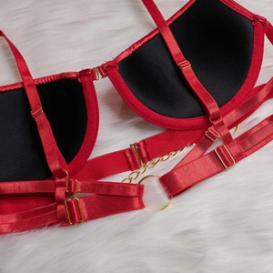 Détail de lingerie en satin rouge avec bonnets noirs et anneaux métalliques dorés