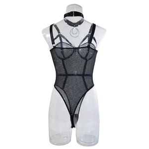 Detail of black fishnet bodysuit with diamond mesh and choker with metal rings