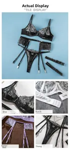 Detail shots showing embroidered cups, back hooks, garter belt and lace panties textures