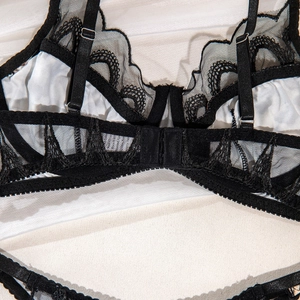 Detailed view of black lace bra with adjustable straps and fine mesh texture detailing