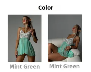 Detail of mint green lace and sheer mesh lingerie set with floral embroidery highlights