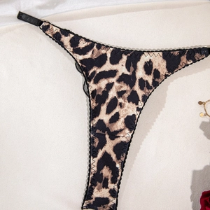 Detailed macro shot of sexy leopard print G-string with black lace edges and elastic straps