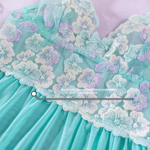 Detail of transparent floral embroidery and pleated mesh fabric on a light blue dress