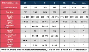 Detailed size chart for lace lingerie set including EUR size and body measurements