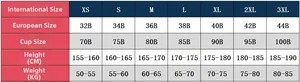 Detailed international size chart for women's bodysuit from size XS to 3XL with measurements