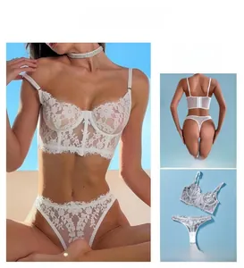 Detailed views of white lace lingerie set featuring floral patterns and a longline bra