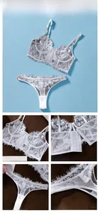 Detail view of floral eyelash lace bra with underwire and matching thong set