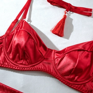 Detail of red satin lingerie with underwire support and decorative tassel element