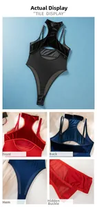 Detail of velvet mesh bodysuit featuring halter neck design and metallic snap crotch