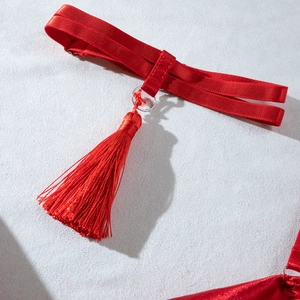 Detail of red elastic garter belt with silver metal ring and soft hanging silk tassels