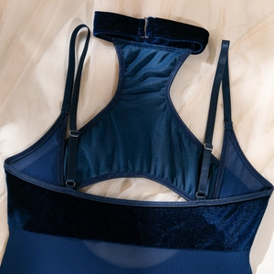 Detailed back view of navy velvet mesh bodysuit with adjustable straps and neck buckle
