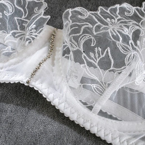Detailed macro view of white floral embroidery and rhinestone chain on lace bodysuit