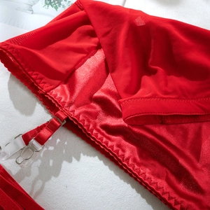 Detail of red mesh and satin fabric with adjustable straps and silver metal clips