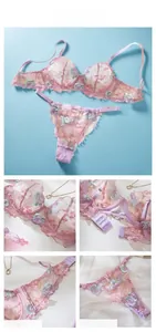 Detailed views of sheer pink mesh lingerie set with intricate floral rose embroidery