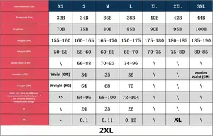 Detailed size chart for lace bodysuit showing measurements from XS to 3XL in cm
