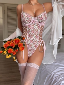 Sexy pink floral embroidery bodysuit with underwire support and lace-up side details