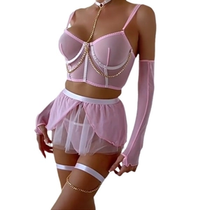 Rosafarbenes Dessous-Set aus Mesh mit Goldketten, transparentem Minirock und Strumpfband