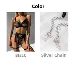 Detailaufnahme von silbernen Ketten und Haken an einem schwarzen Spitzenbody mit Haltern