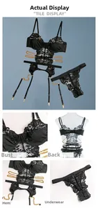 Detailed view of black lace lingerie set with gold chain accents and underwire bra