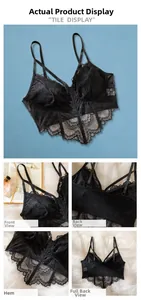 Vues détaillées de la bralette en dentelle noire avec bretelles croisées et ourlet