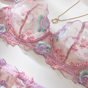 Détail macro de lingerie en résille transparente avec broderie florale et festons