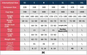 Detailed size chart for mesh corset bodysuit featuring international and European sizing data
