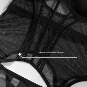Detailed macro view of black transparent mesh fabric and structural straps on bodysuit