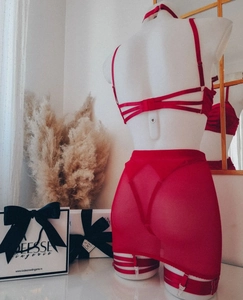Détail d'un ensemble de lingerie en dentelle rouge avec licou et dos à brides