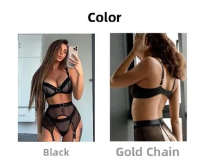 Detail of black mesh lingerie set with underwire cups and gold chain accents