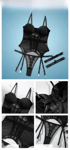 Detailed view of black mesh bodysuit featuring underwire cups and adjustable garter straps