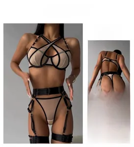 Detailed view of mesh lingerie set featuring cross straps and steel underwire cups