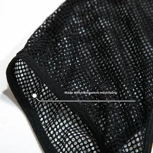 Close-up of black transparent fishnet mesh fabric with precise stitching details
