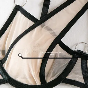 Detail of sexy transparent mesh lingerie with black elastic straps and silver metal buckles