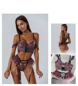Deep purple lace bodysuit with floral embroidery and decorative metal chain details