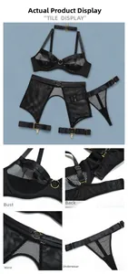 Detail display of black mesh lingerie set with underwire bra and garter belt