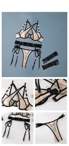 Detailed views of sexy mesh lingerie set with steel rings and garter belt details