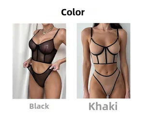 Detail view of sheer mesh lingerie set with wire push-up bra and high-cut panty in khaki