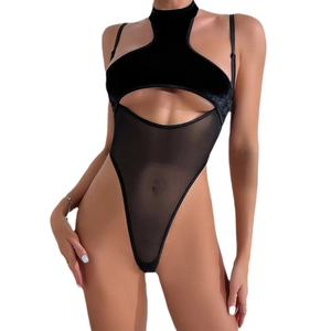 Sexy black velvet halter bodysuit with mesh patchwork and front teardrop cutout