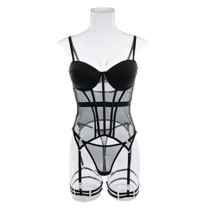 Detailed view of sheer mesh bodysuit with underwire cups and adjustable garter straps