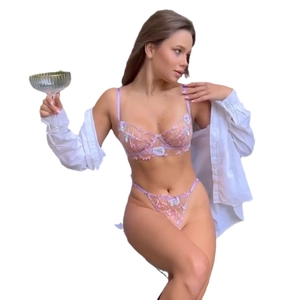 Sexy lavender floral embroidery lingerie set with underwire bra and sheer lace thong